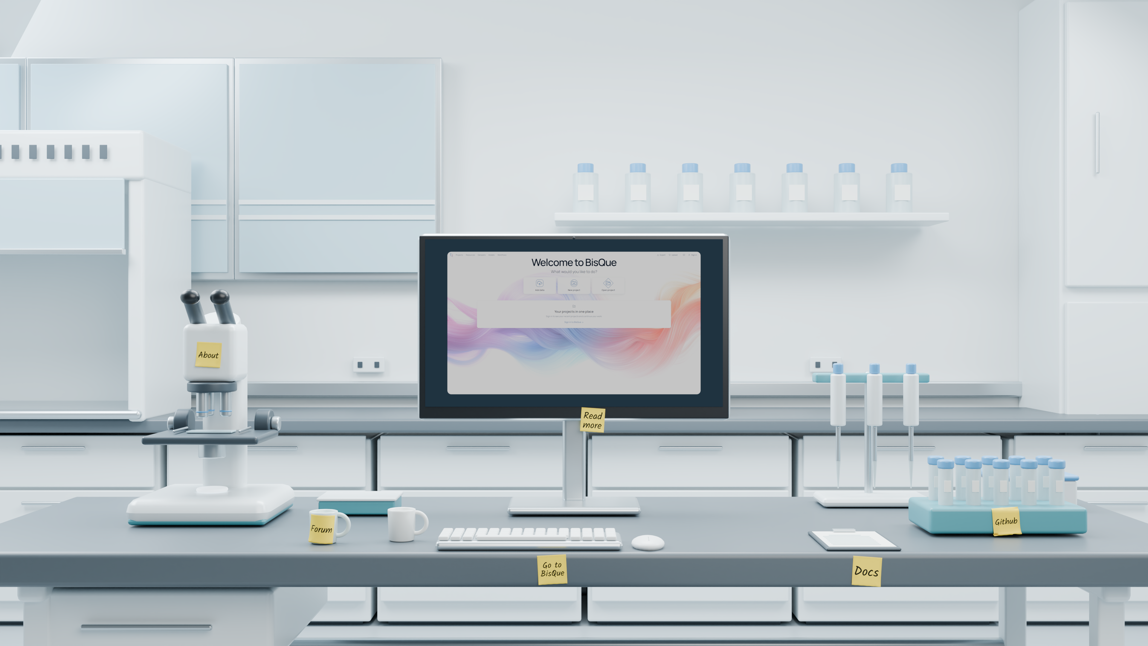 A laboratory desk with yellow handwritten notes marking Docs, Github, Go to BisQue, Read more, Forum and About.